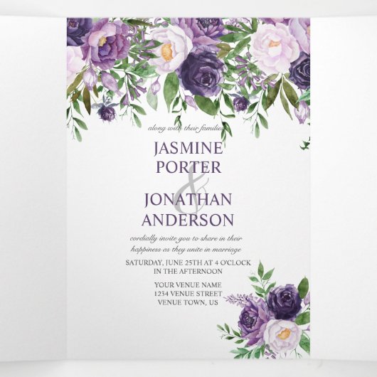 Paars, lavender, roze Floral Boho Wedding | Drieluik Uitnodiging (Binnenkant midden)