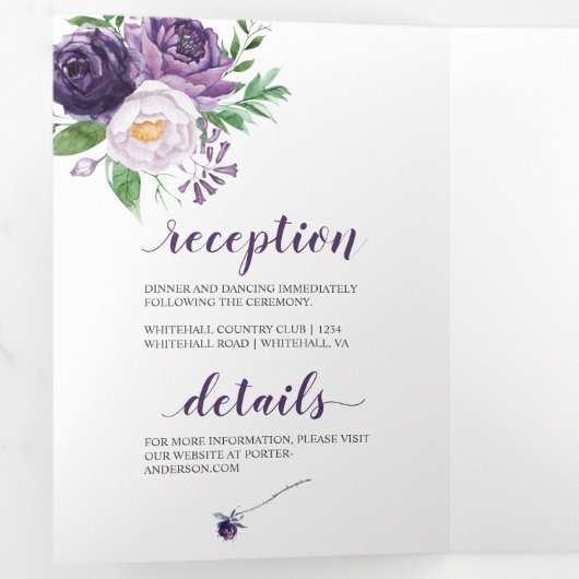 Paars, lavender, roze rozen bruiloft | drieluik uitnodiging (Binnenzijde eerst)