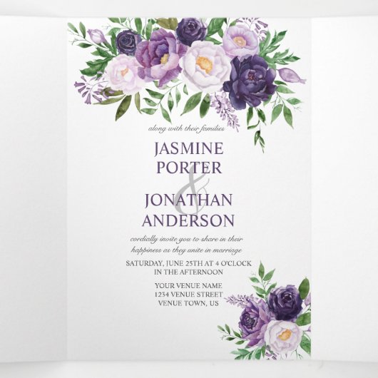 Paars, lavender, roze rozen bruiloft | drieluik uitnodiging (Binnenkant midden)