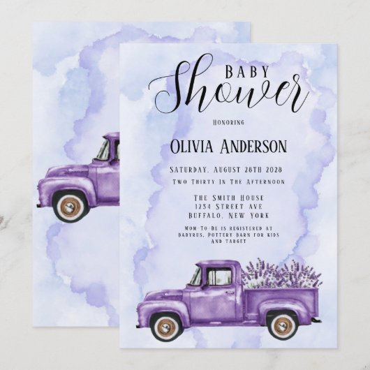 Paars Lavender  Truck Baby shower Kaart (Voorkant / Achterkant)