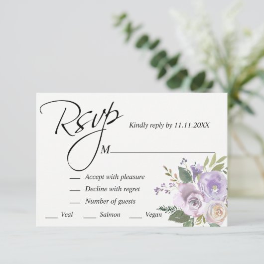 Paars lavender Waterverf Floral RSVP Weddenschap (Staand voorkant)