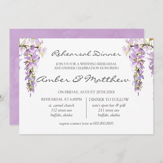 Paars Lavender Wisteria Rehearsal Dinner Kaart (Voorkant / Achterkant)