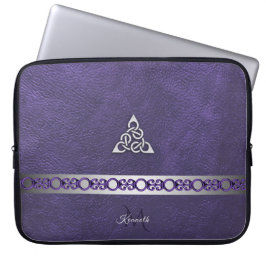 Paars leder met een zilver Keltisch topmonogram Laptop Sleeve