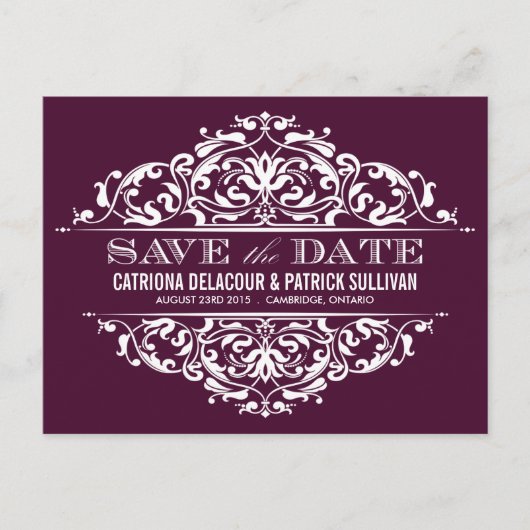 PAARS  LIJST | BESPAAR DE DATUM-BRIEFKAART AANKONDIGINGSKAART (Voorkant)