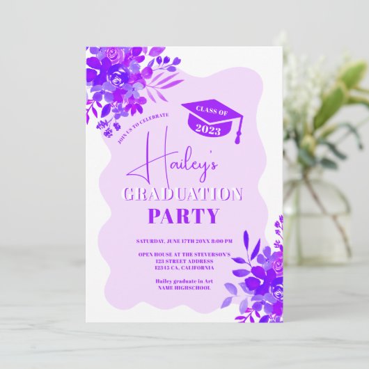 Paars lijst boho floral afstuderen kaart (Staand voorkant)