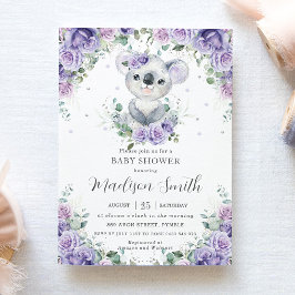 Paars Lila Floral Cute Koala Baby shower Kaart