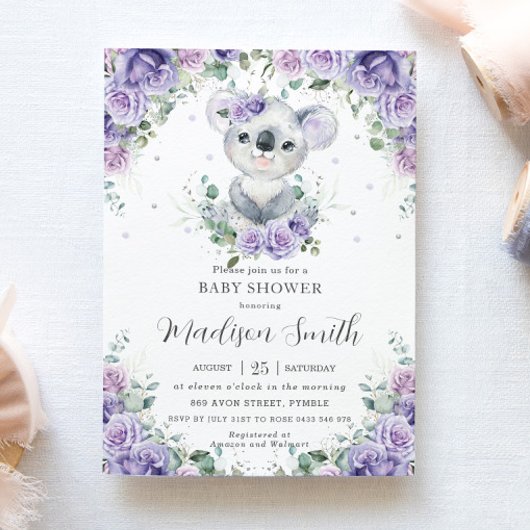 Paars Lila Floral Cute Koala Baby shower Kaart