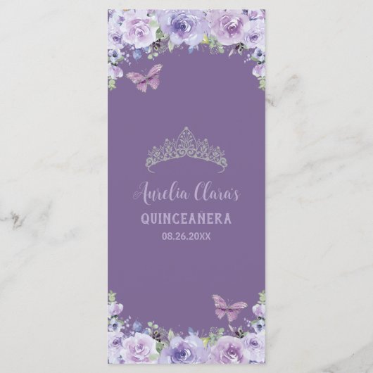 Paars Lila Floral Silver QUINCEAÑERA-partijmenu Programmakaart (Achterkant)