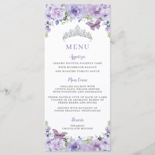 Paars Lila Floral Silver QUINCEAÑERA-partijmenu Programmakaart (Voorkant)