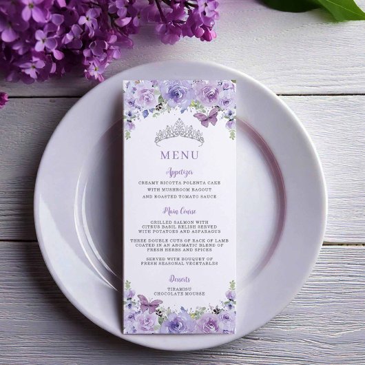 Paars Lila Floral Silver QUINCEAÑERA-partijmenu Programmakaart