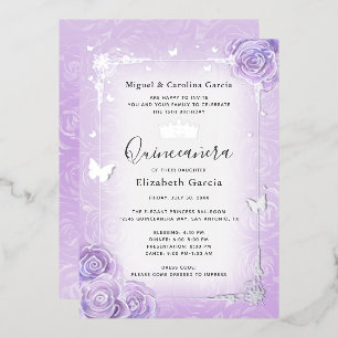 Paars Lila Lavender Floral Quinceañera Silver Folie Uitnodiging