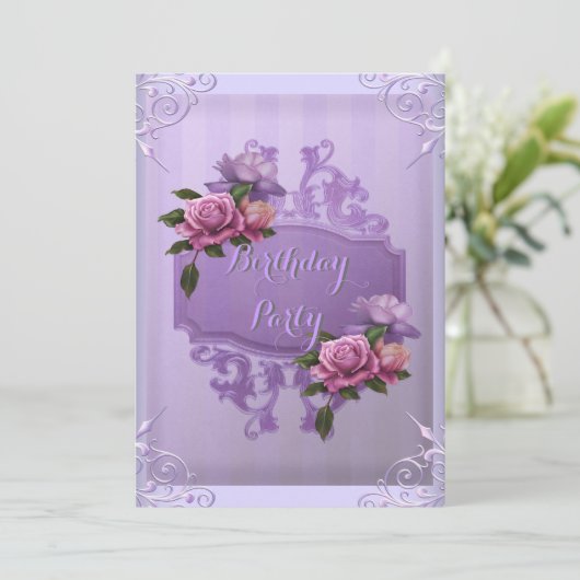 Paars Lila Roos - Birthday - partij Kaart (Staand voorkant)