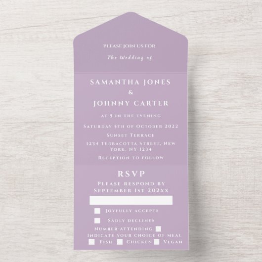 Paars Lila Violet Lavender Modern Wedding All In One Uitnodiging (Binnen)