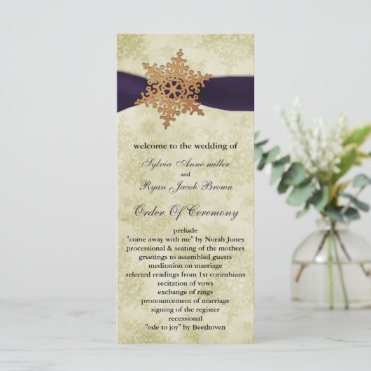 paars lint, roestvast sneeuwvlok programmakaart (Staand voorkant)