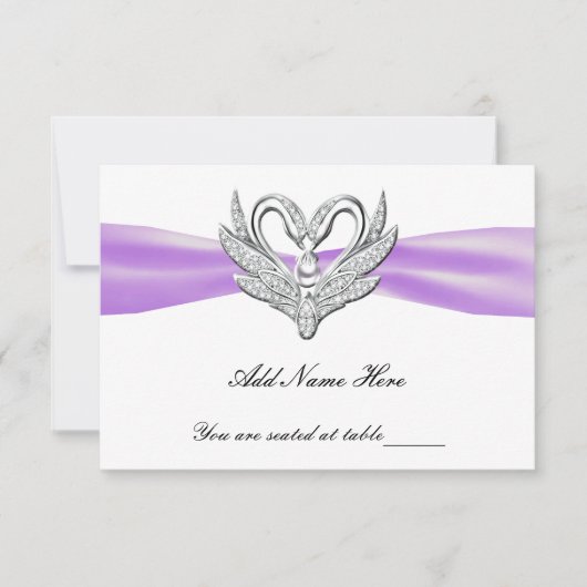 Paars lint zilveren zwanen tafel plaatskaart (Voorkant)