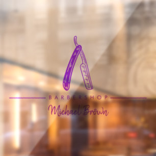 paars logo voor scheerapparaat kapperszaak raamsticker