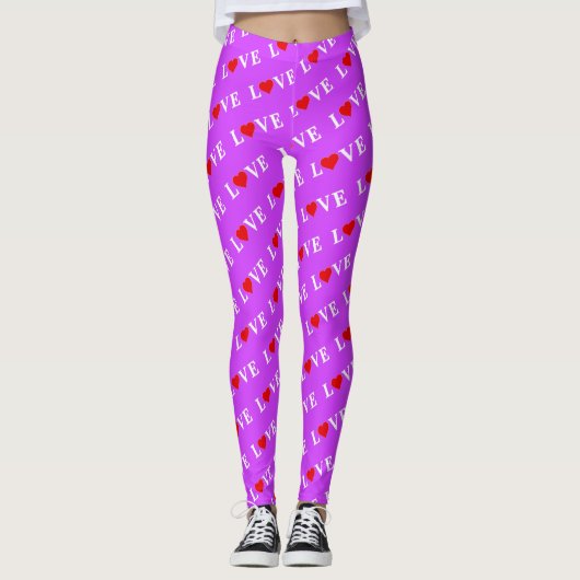 Paars LOVE Heart Patroon Modern Chic Elegant Leggings (Voorkant)