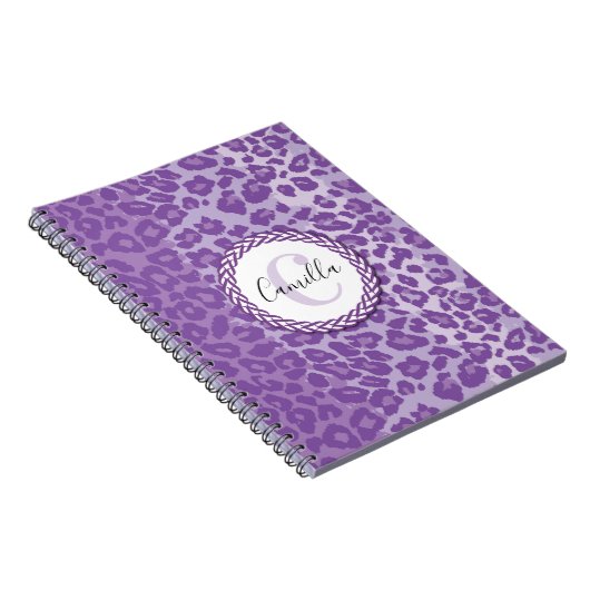 Paars luipaard patroon met aangepaste monogram en  notitieboek (Rechterzijde)