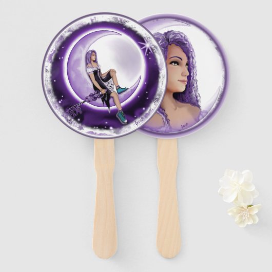 Paars maan kind handwaaier (Voorkant en achterkant)