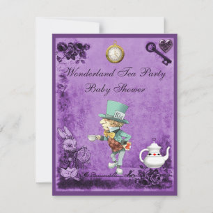 Paars Mad Hatter Wonderland Tea Party Baby shower Kaart