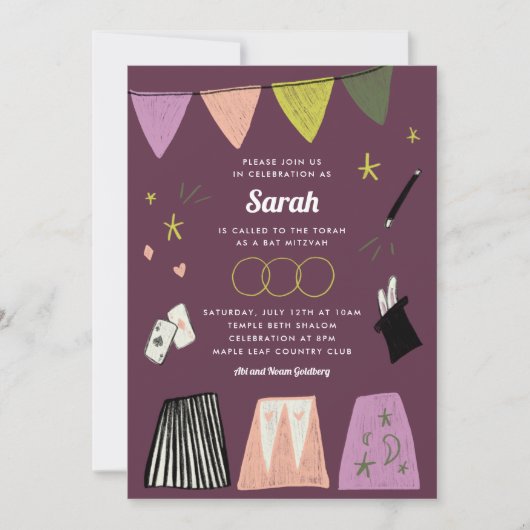 Paars Magic Show Bar Bat Mitzvah Uitnodiging (Voorkant)
