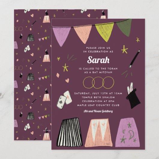 Paars Magic Show Bar Bat Mitzvah Uitnodiging (Voorkant / Achterkant)
