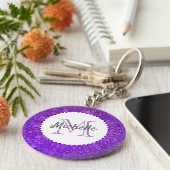 Paars Mandala Bird Feathers Monogram Sleutelhanger (Zijkant)