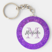 Paars Mandala Bird Feathers Monogram Sleutelhanger (Voorkant)