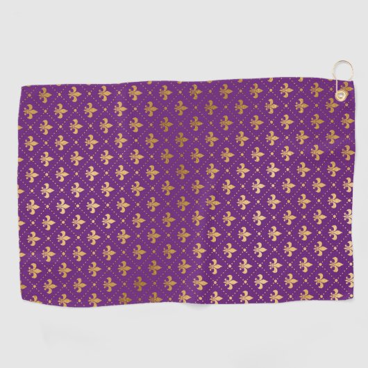 Paars Mardi Gras Elegant Golden Fleur De Lis Golfhanddoek (Horizontaal)
