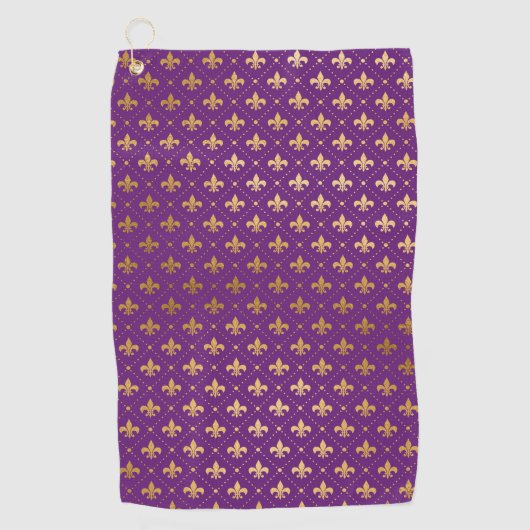 Paars Mardi Gras Elegant Golden Fleur De Lis Golfhanddoek (Voorkant)