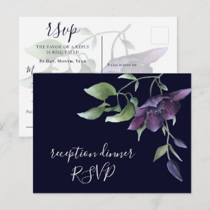 Paars Marineblauw Bloemendesign Donkere Ontvangst  Uitnodiging Briefkaart