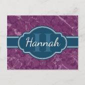 Paars marmer Pattern Blauwgroen Monogram Briefkaart (Voorkant)