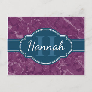 Paars marmer Pattern Blauwgroen Monogram Briefkaart