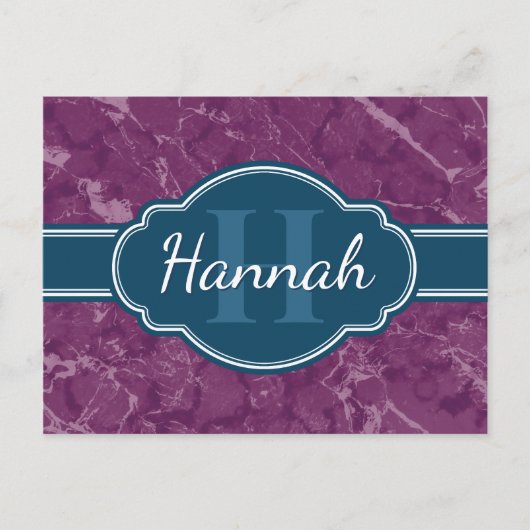 Paars marmer Pattern Blauwgroen Monogram Briefkaart (Voorkant)