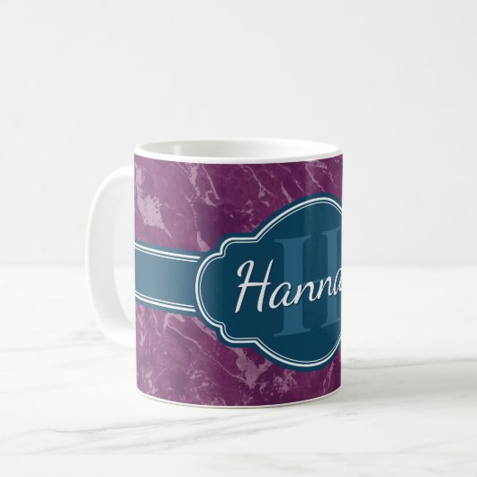 Paars marmer Pattern Blauwgroen Monogram Koffiemok (Voorkant links)