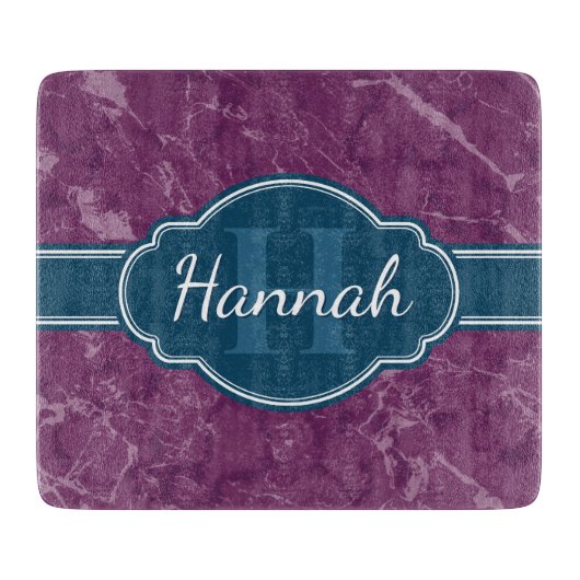 Paars marmer Pattern Blauwgroen Monogram Snijplank (Voorkant)