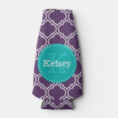 Paars Marokkaans Tegel Pattern Blauwgroen Monogram Flesjeskoeler (Voorkant)