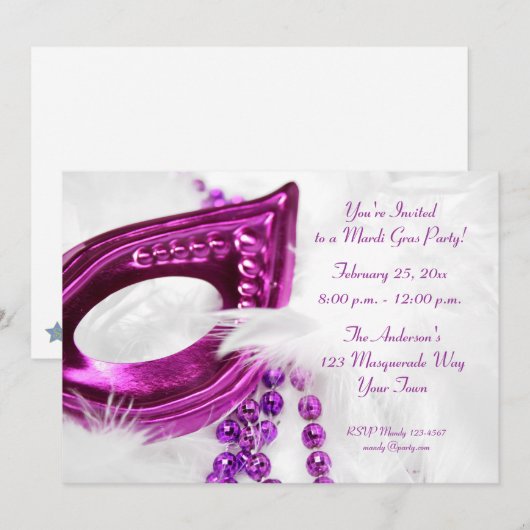 Paars Masker Beads Mardi Gras Uitnodiging (Voorkant / Achterkant)