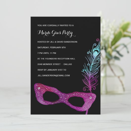 Paars Masker | Masquerade Mardi Gras Party Kaart (Staand voorkant)