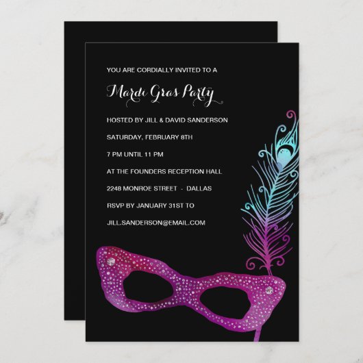 Paars Masker | Masquerade Mardi Gras Party Kaart (Voorkant / Achterkant)