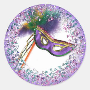 Paars masker met veren maskeradefeest ronde sticker