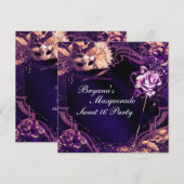 Paars Maskerade Masker & Roos Elegante Uitnodiging (Voorkant / Achterkant)
