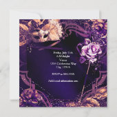 Paars Maskerade Masker & Roos Elegante Uitnodiging (Achterkant)