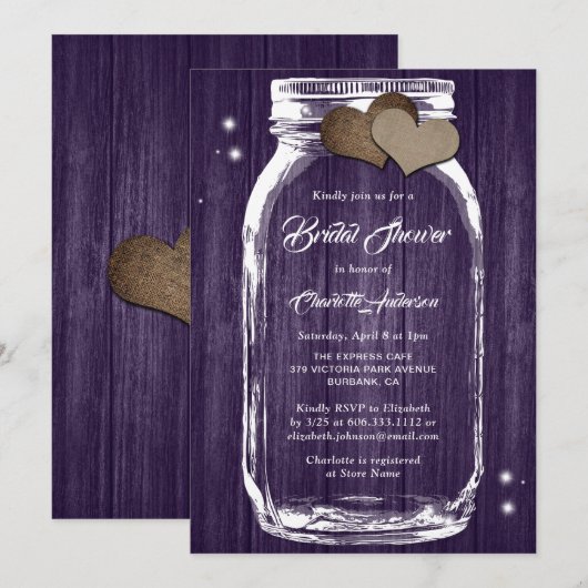 Paars Mason Jar Vrijgezellenfeest Rustisch land Kaart (Voorkant / Achterkant)