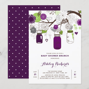 Paars Mason Jars Floral Baby shower Brunch Kaart