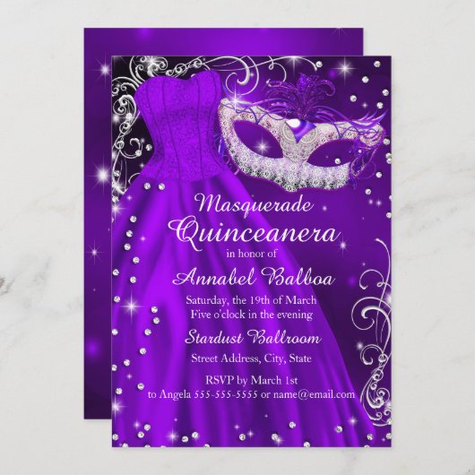 Paars Masquerade Quinceanera nodigt Kaart (Voorkant / Achterkant)