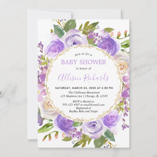 Paars meisje baby shower, floraallavender lila kaart (Voorkant)