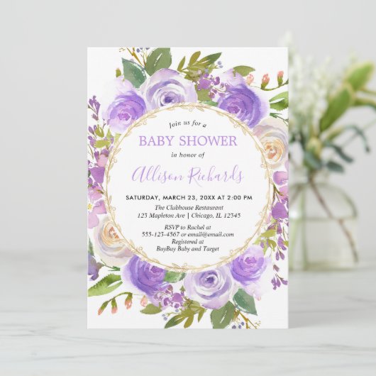 Paars meisje baby shower, floraallavender lila kaart (Staand voorkant)