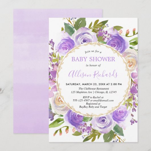 Paars meisje baby shower, floraallavender lila kaart (Voorkant / Achterkant)