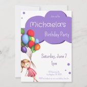 Paars meisje dat rond drijft met ballonnen van afg kaart (Voorkant)